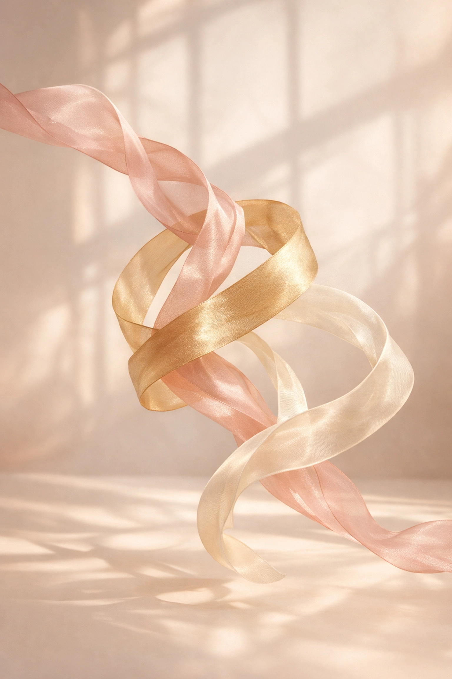 Intertwining pink and gold silk ribbons symbolizing the integration of Spirit, Mind, and Body for inner mastery.