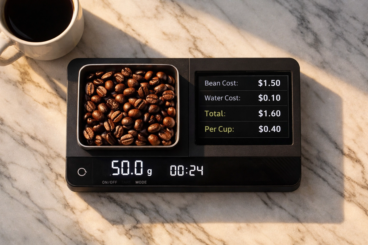 Coffee scale measuring beans with cost calculator showing subscription savings and freshness