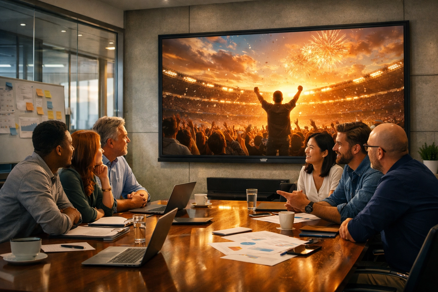 Marketing strategy team analyzing emotional Super Bowl 2026 advertising campaigns in a boardroom.