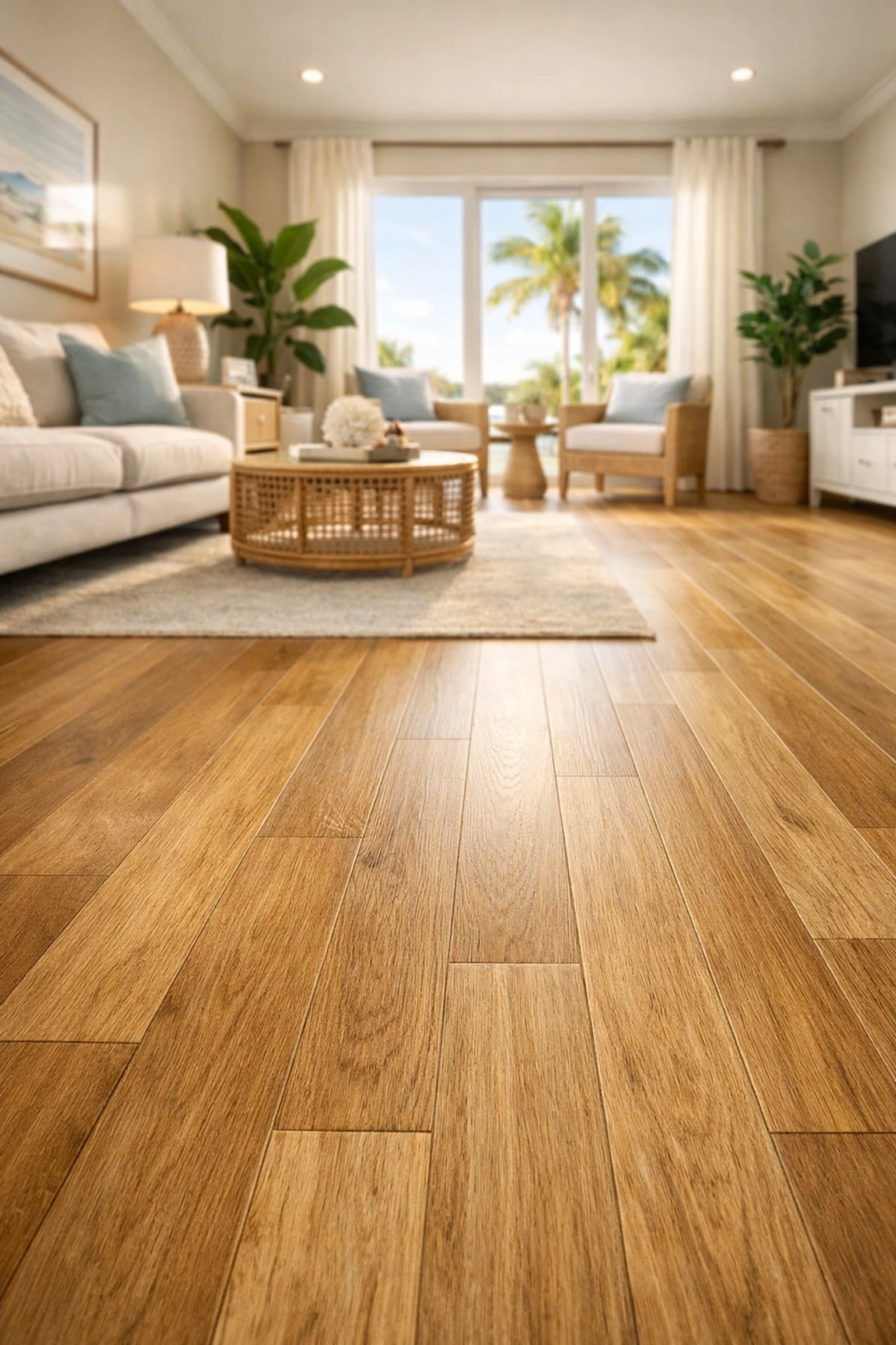 Luxury vinyl plank flooring renovation in modern Florida living room with coastal decor