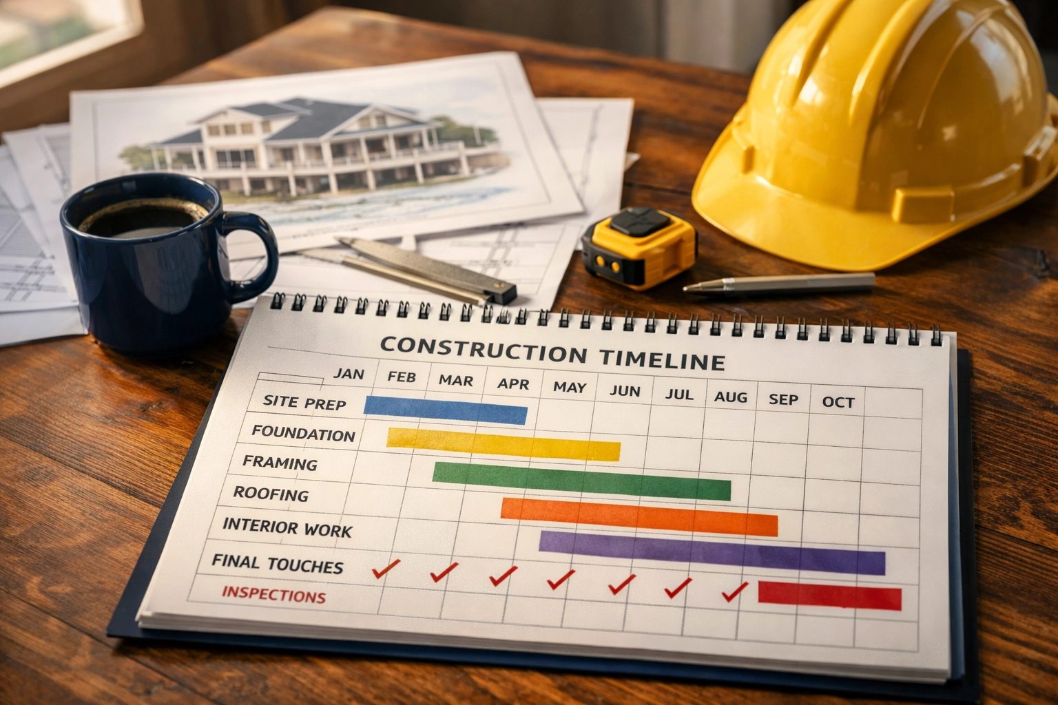 Custom home construction blueprints and timeline planning for Leland NC building project