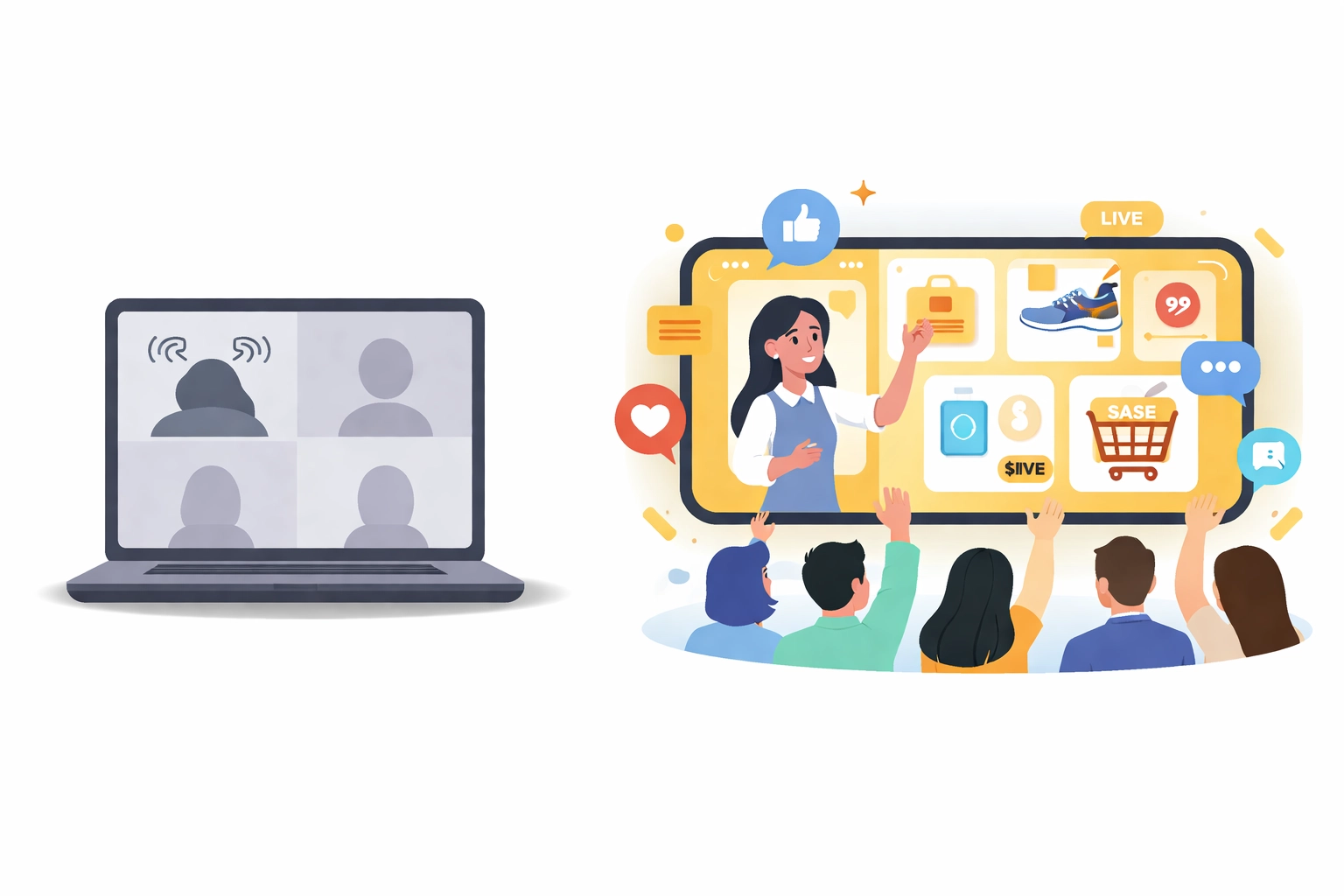 Side-by-side view comparing basic video calls to an interactive webinar platform built for selling and engagement.