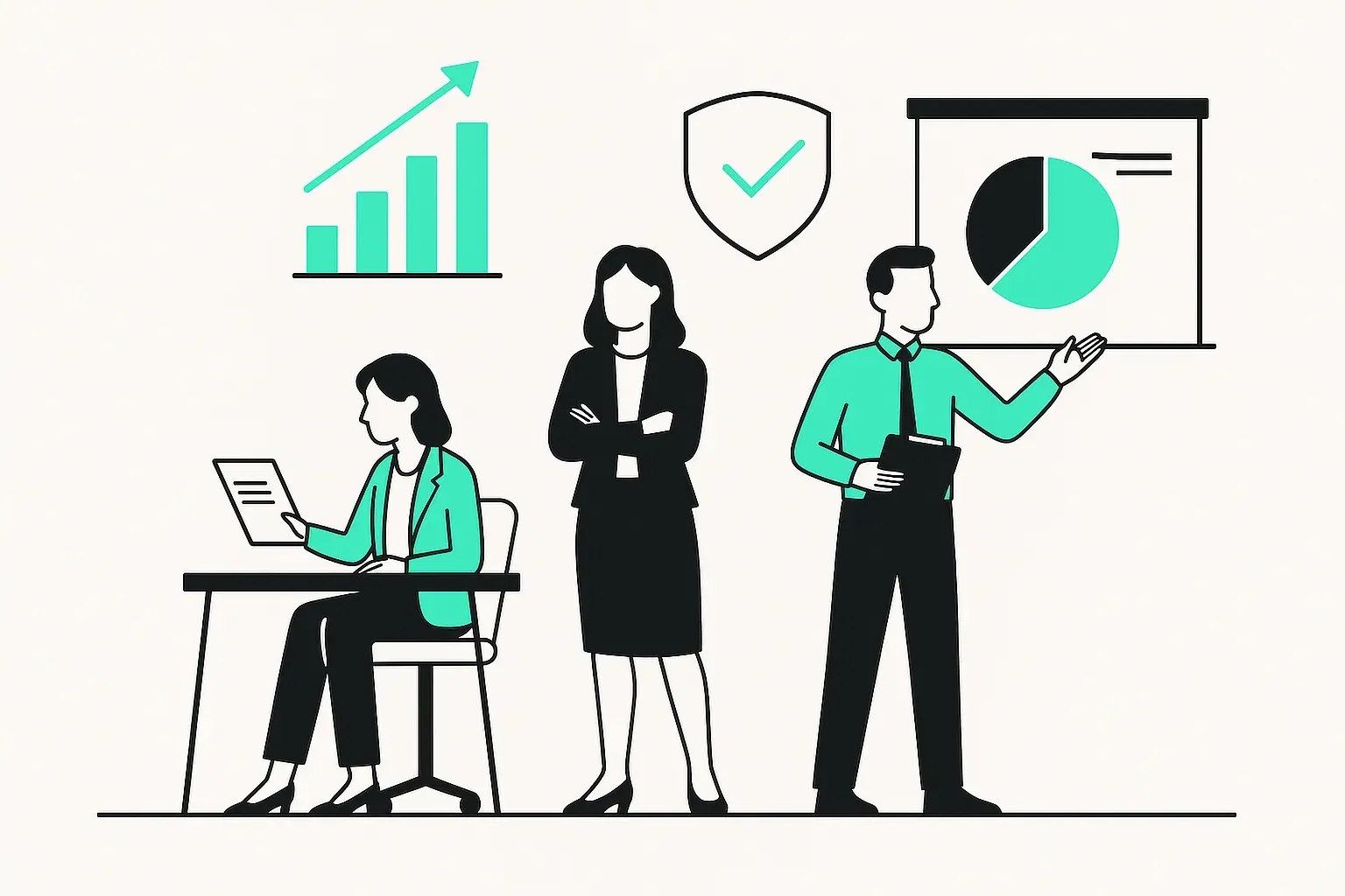 Three professionals collaborating with charts and analytics, symbolizing Lean Six Sigma data-driven process improvement