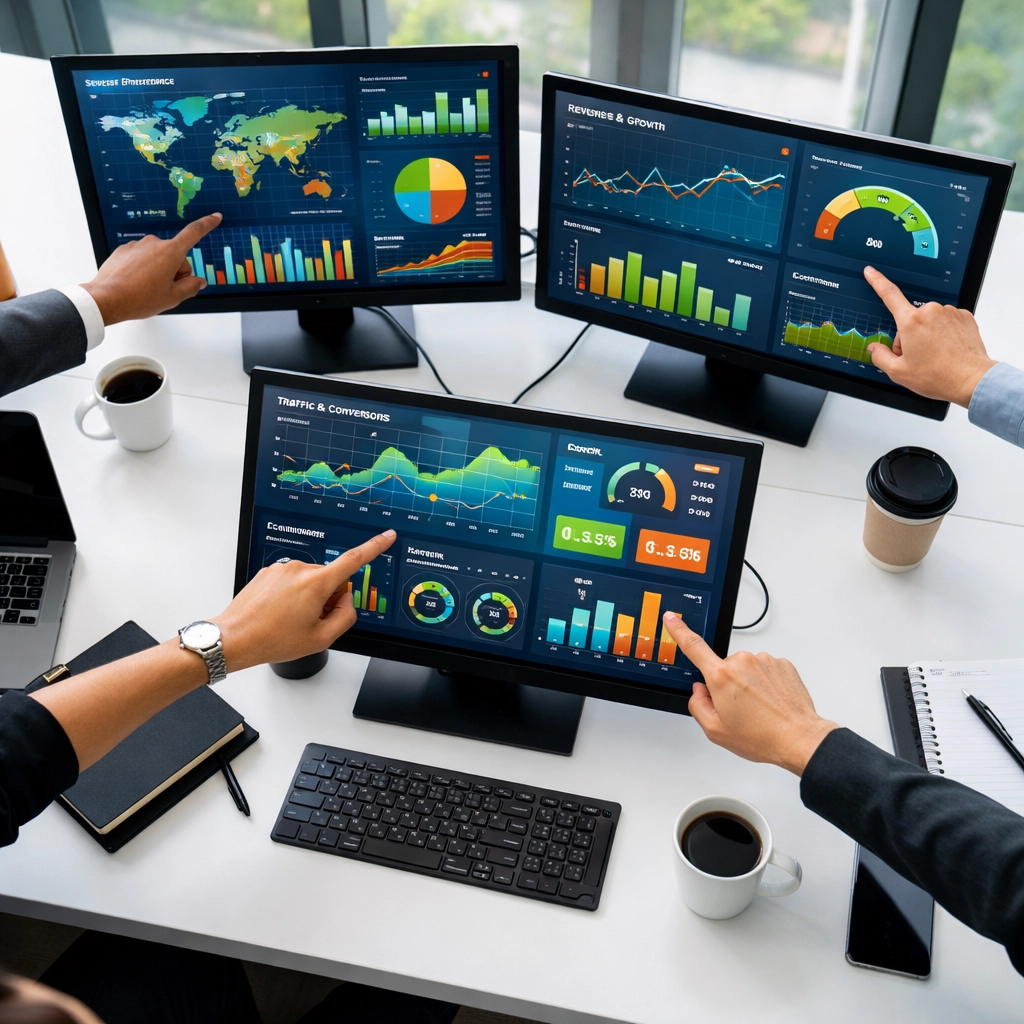 Workforce analytics dashboard displaying recruitment metrics on multiple monitors in corporate office