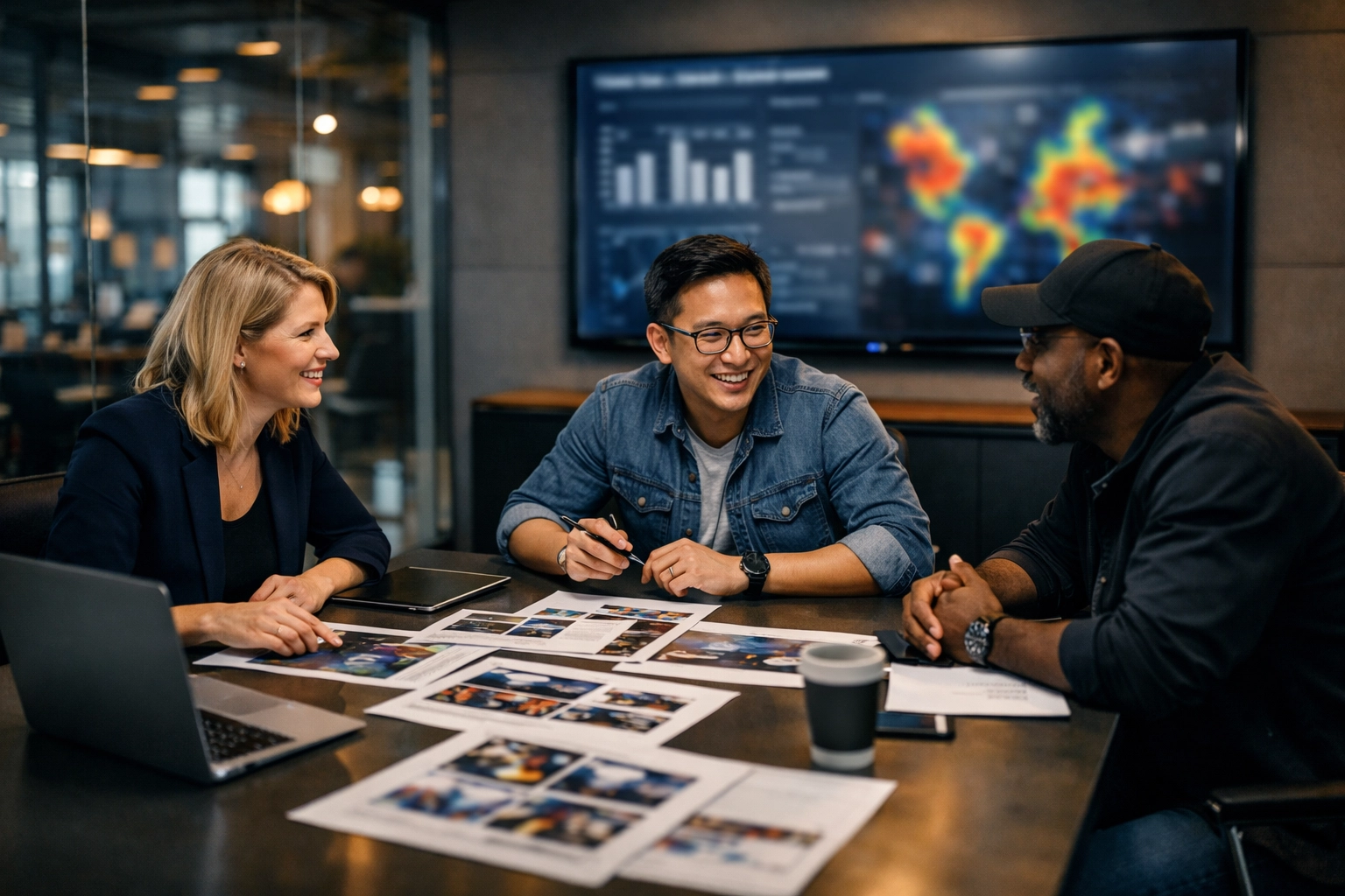 Strategy team analyzing data visualization for cross-industry media solutions in a professional modern workspace.