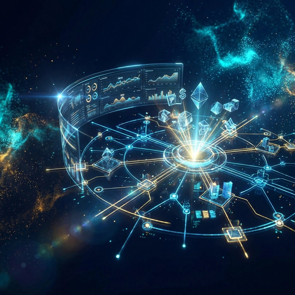 Illustration of a digital finance ecosystem showing blockchain integration for enterprise crypto payments.