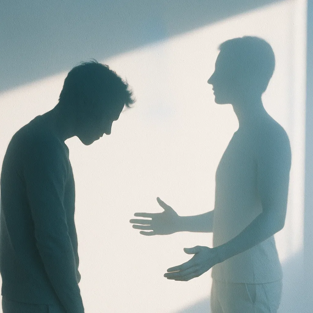 Symbolic art showing subconscious integration and nervous system health through self-connection. A symbolic representation of inner dialogue, featuring a person facing their own luminous, expansive shadow, representing self-integration.