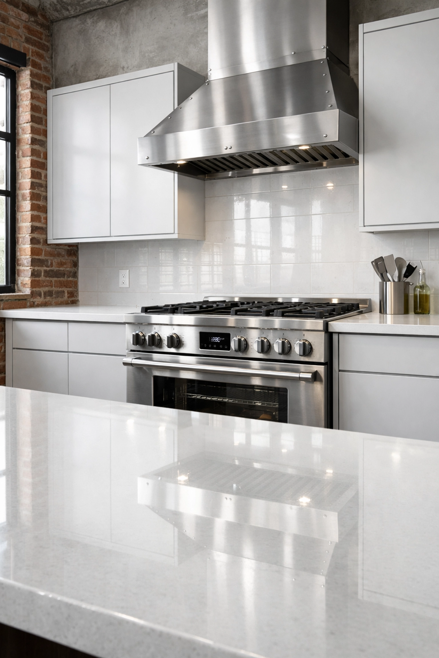 Deep cleaned modern apartment kitchen in Detroit featuring polished countertops and stainless steel appliances.
