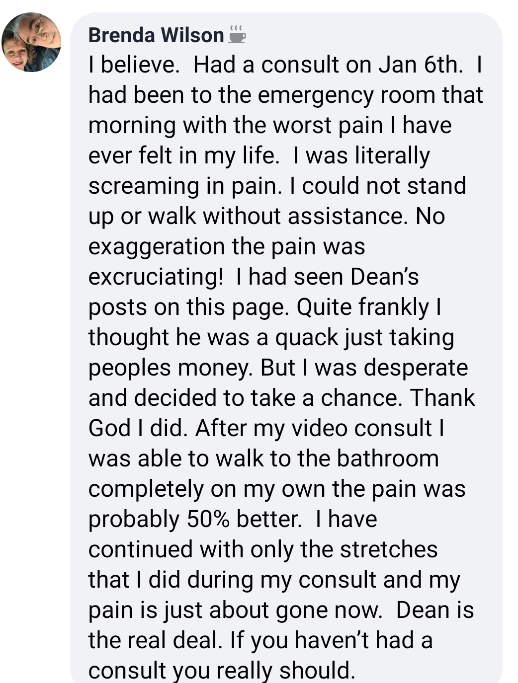 Person reaching with one arm up to decompress the spine using Sciatica Relief Now's balancing techniques. Screenshot of a client testimonial describing rapid pain relief after following Dean Volk's 180° Solution.