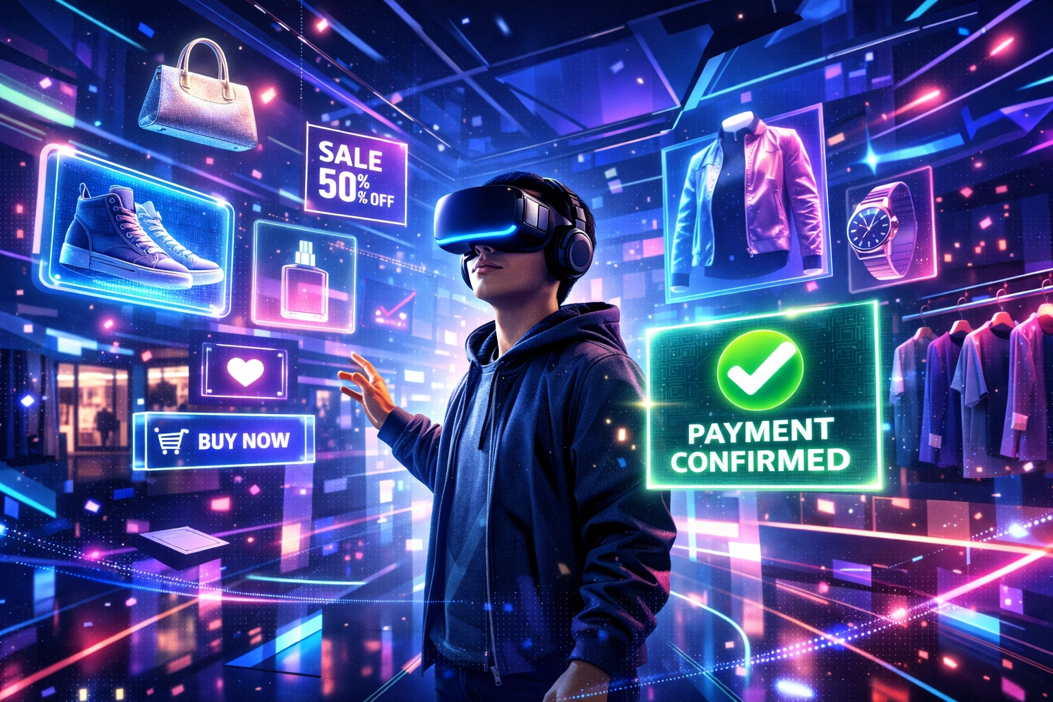 Shopper using VR headset in metaverse store with holographic products and crypto payment options