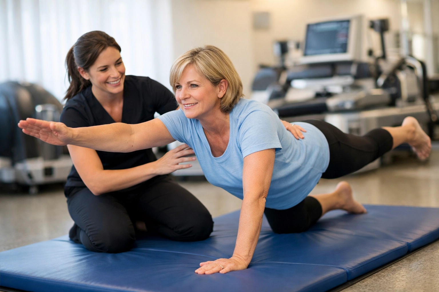 Patient performing guided rehabilitation exercises for non-surgical back pain relief in a Kerala clinic.