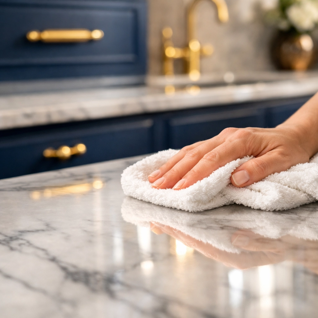 A professional cleaner wipes down luxury marble countertops during a high-end post-construction cleaning MA project.