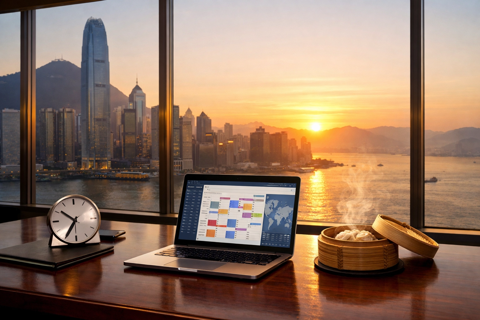 Executive office in Hong Kong at dawn showing a global business calendar and clock for time zone coordination.