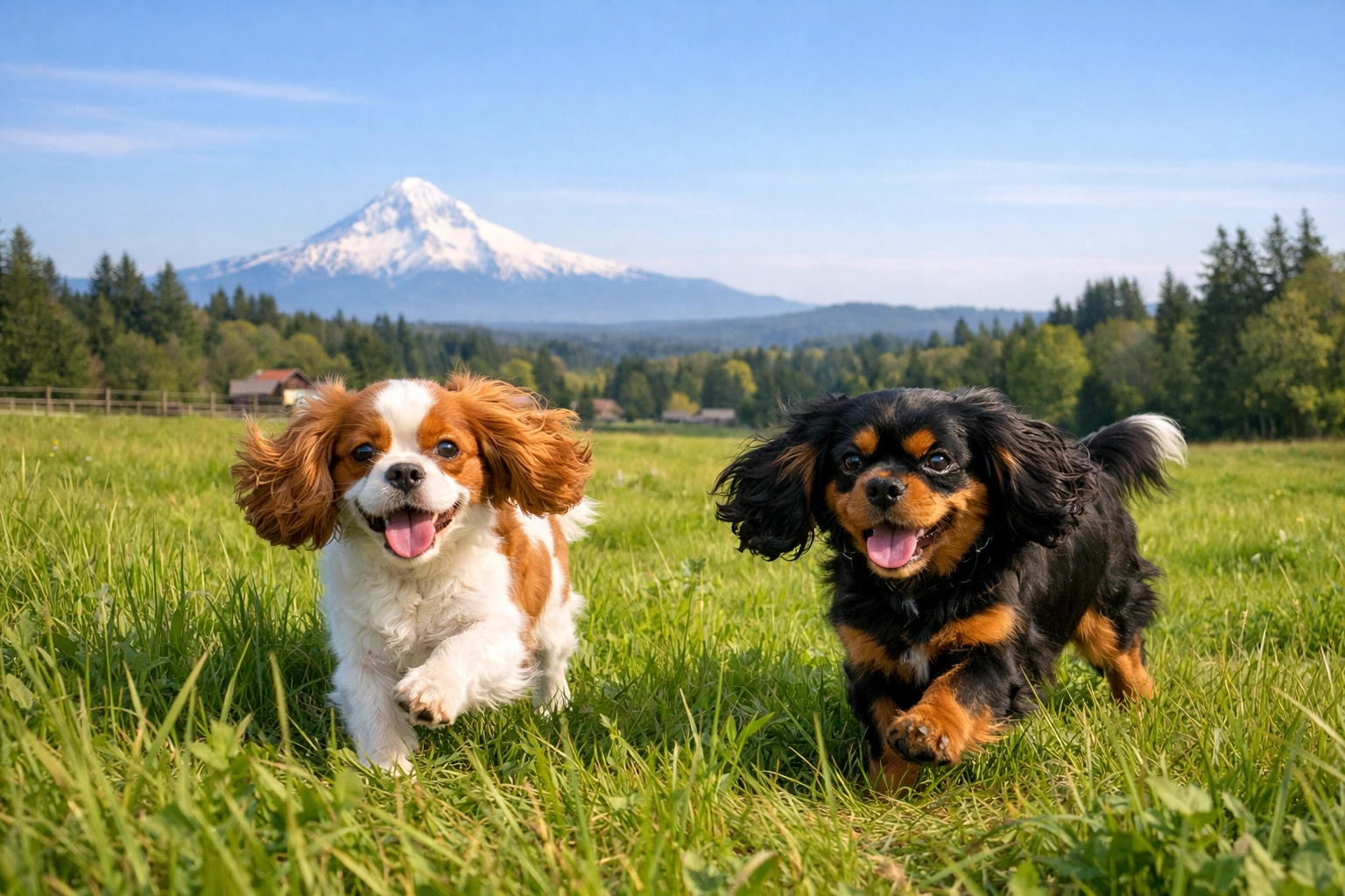 AKC Cavalier King Charles Breeder Boring Oregon dogs playing in a lush green field with mountain views.