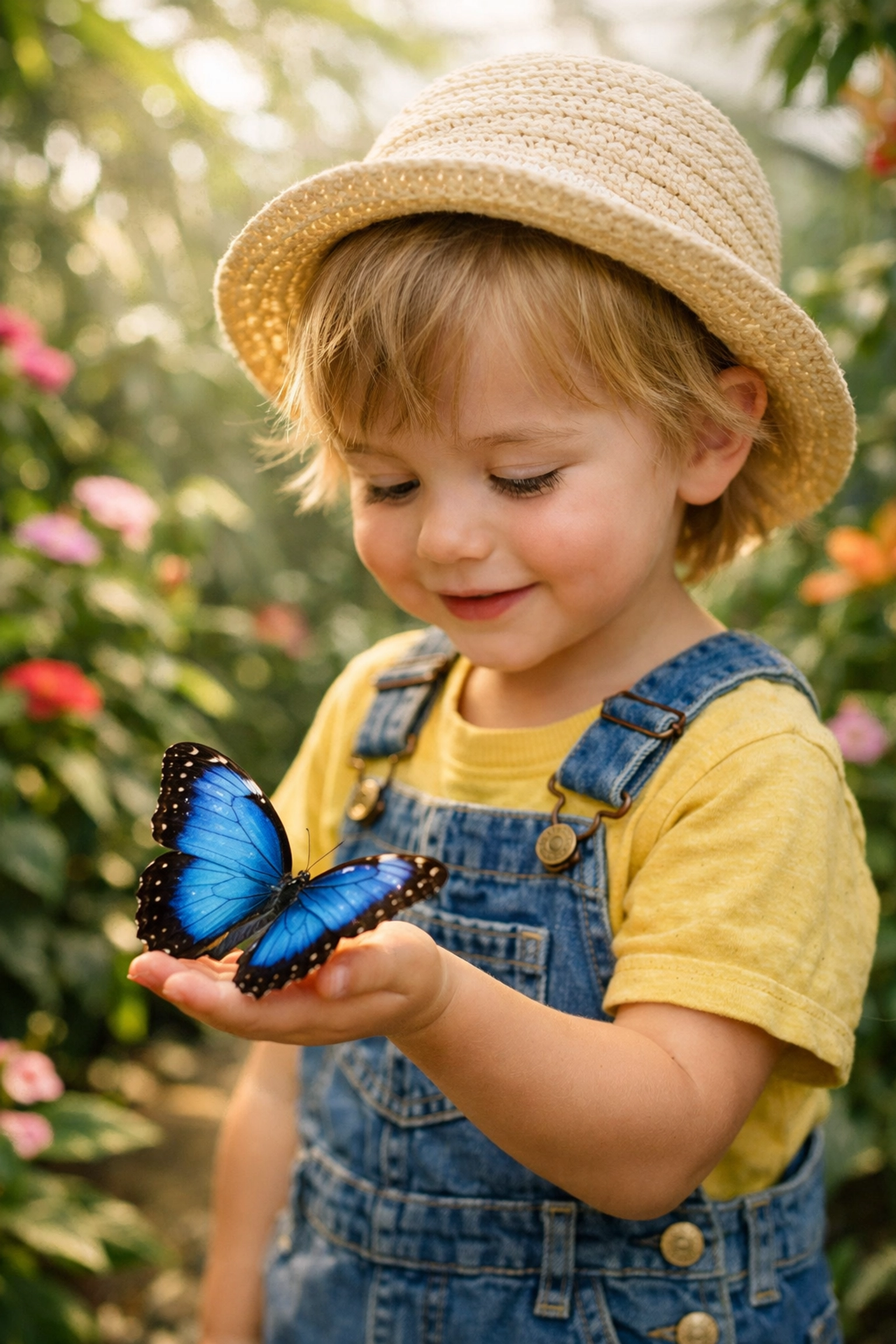 A child admiring a blue morpho butterfly at the EPCOT Flower and Garden Festival Butterfly Landing.