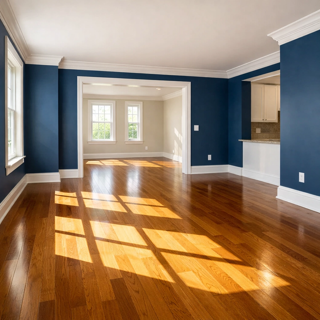Sunlit empty apartment with polished floors after an expert move-out cleaning Central Square service.