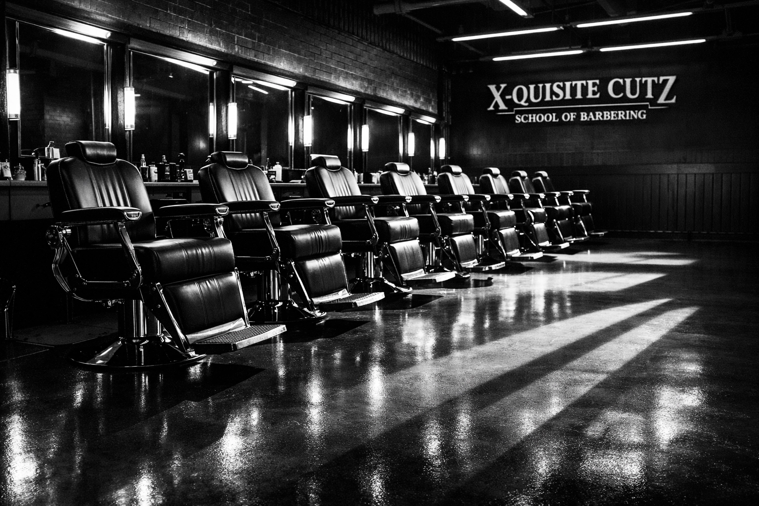 Clean and modern barber school clinic floor in Middletown featuring professional equipment for students.