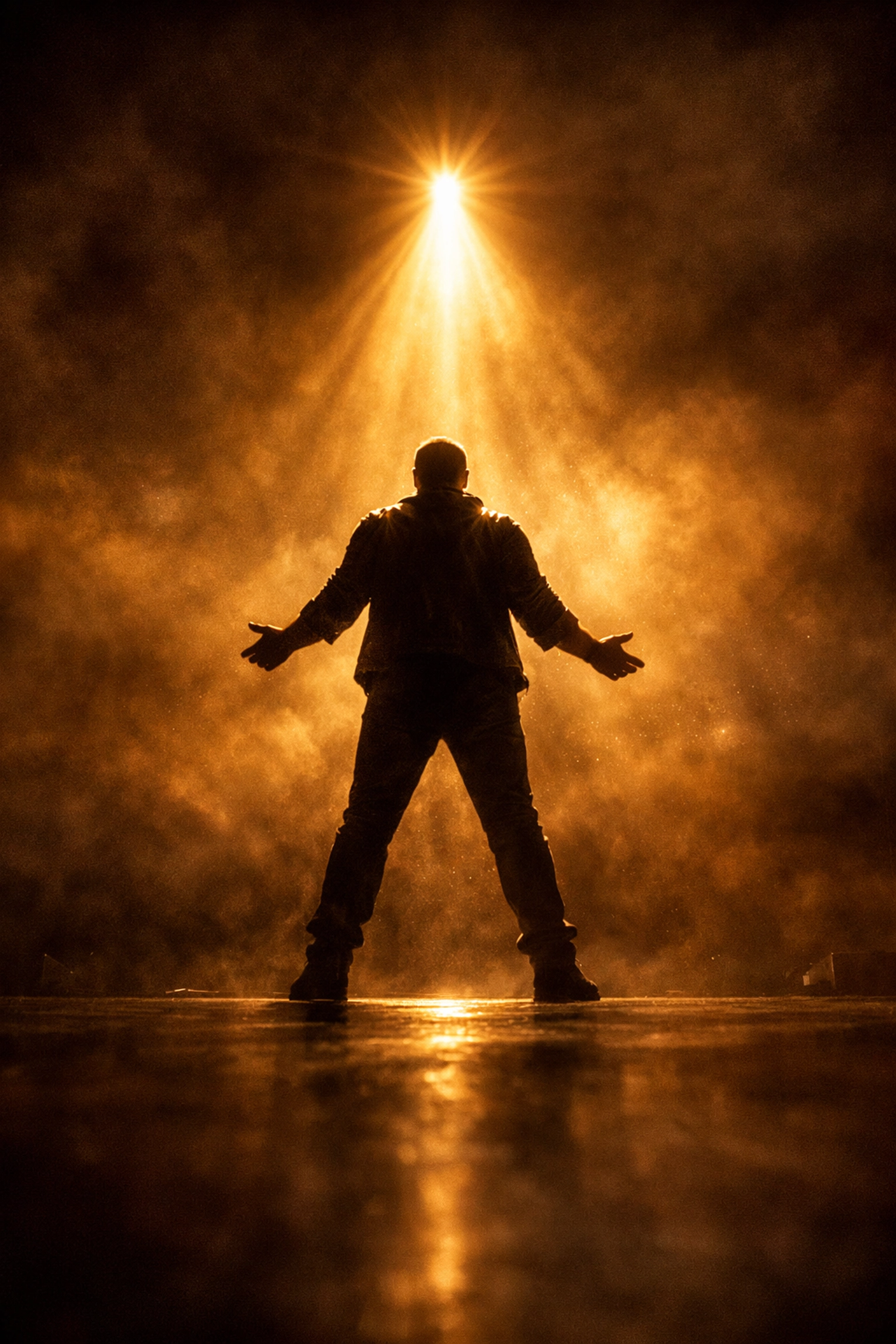 Performer in a spotlight on stage, representing healing and resilience through spoken word performance.