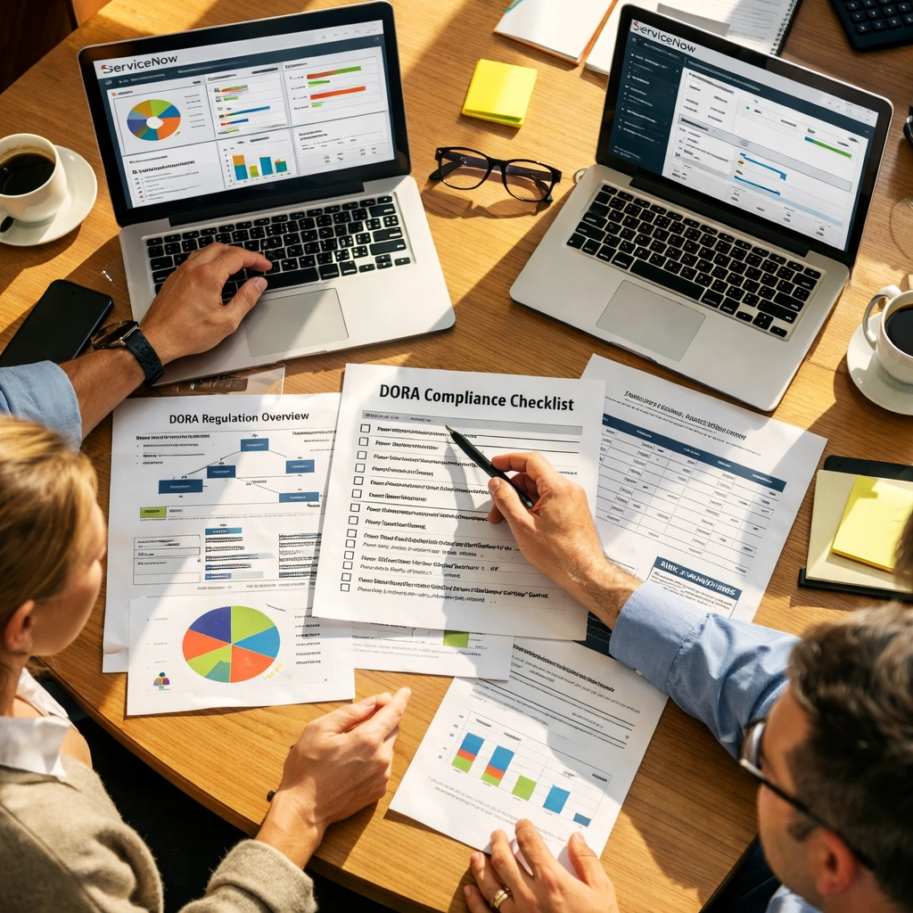 ServiceNow consulting team reviewing DORA compliance checklists during implementation audit