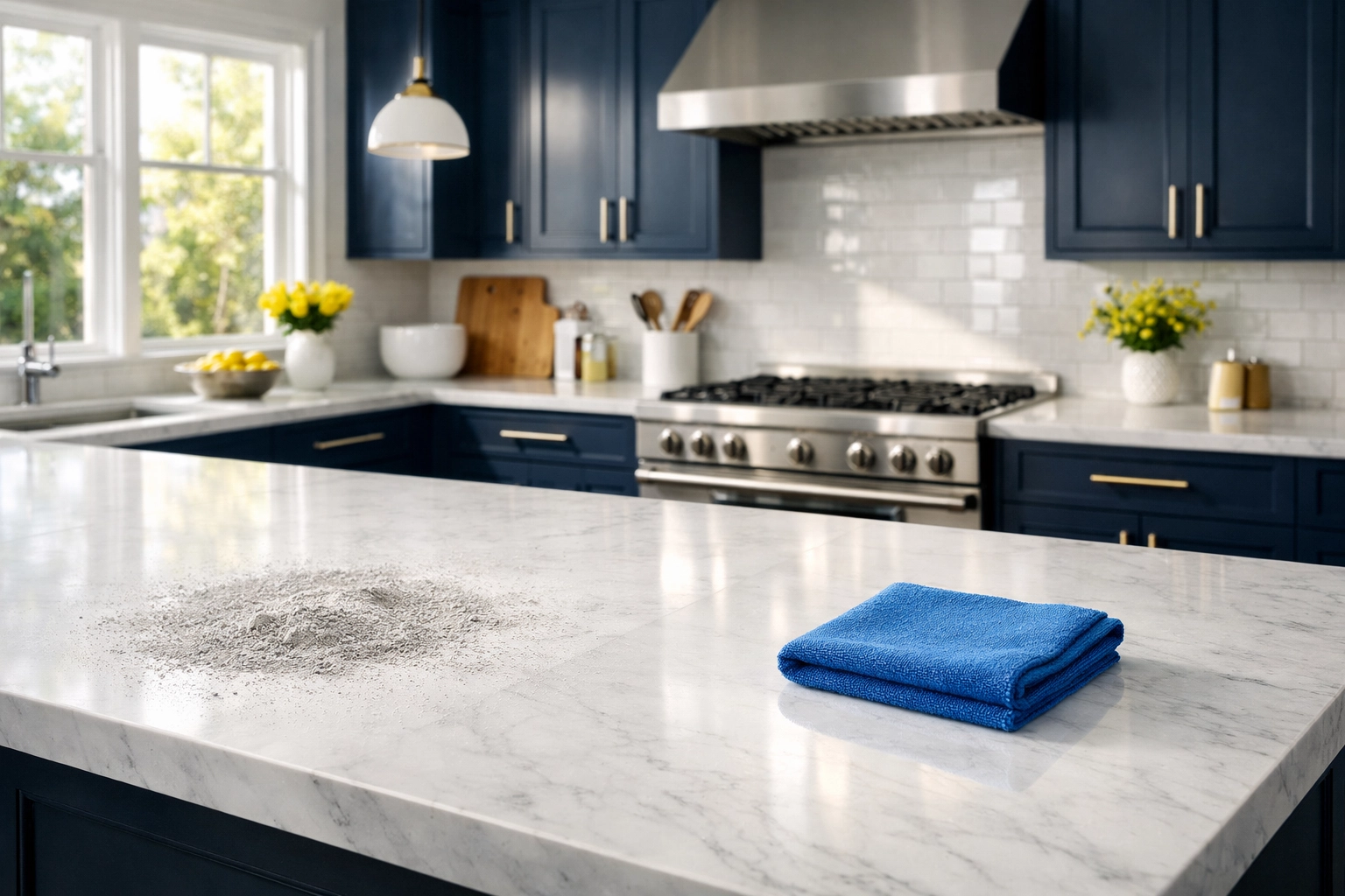 A clean kitchen counter transition from dust to shine during professional post construction cleaning Hudson.