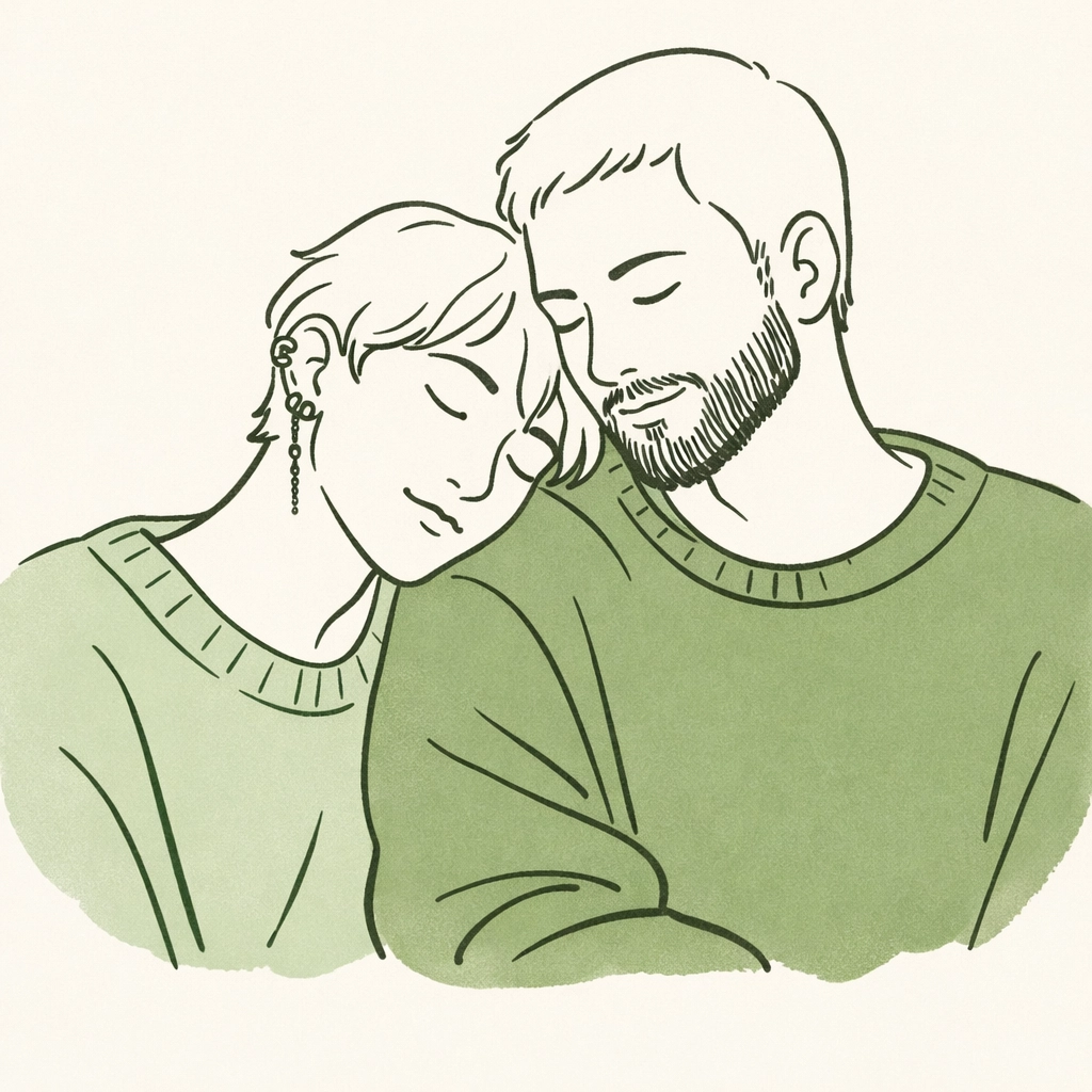 Minimalist illustration of a non-binary character and their partner in an authentic MM romance scene.