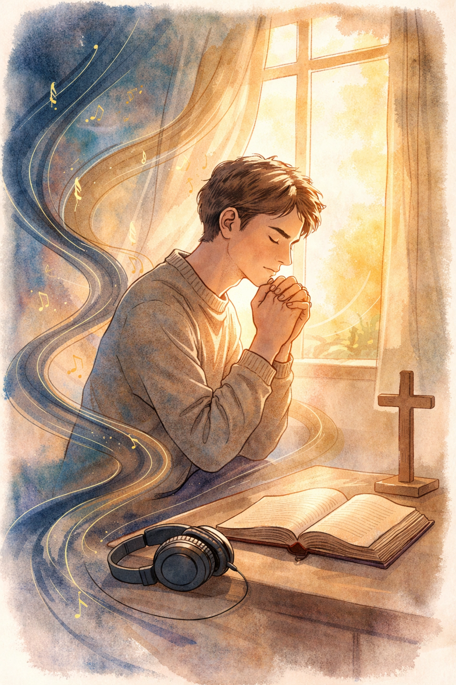 Watercolor illustration of someone praying by an open window, blending musical rhythm and spiritual peace for calming ADHD.