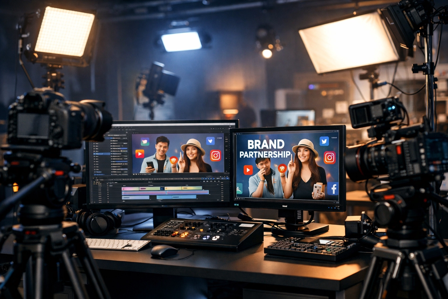 Professional content production studio with cameras and monitors for brand partnership content creation