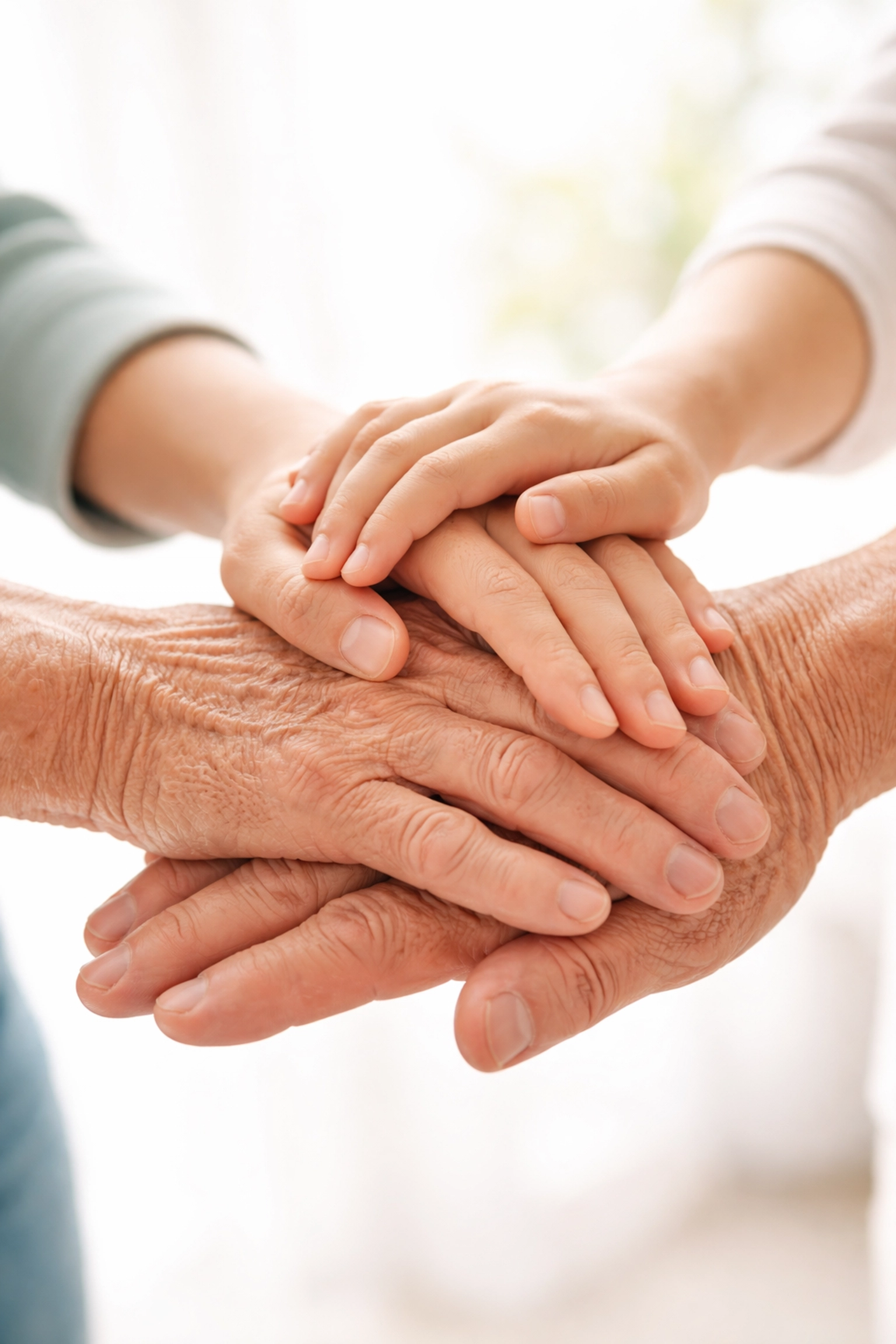 Hands of multiple generations stacked together, representing community connection and ongoing support for veterans.