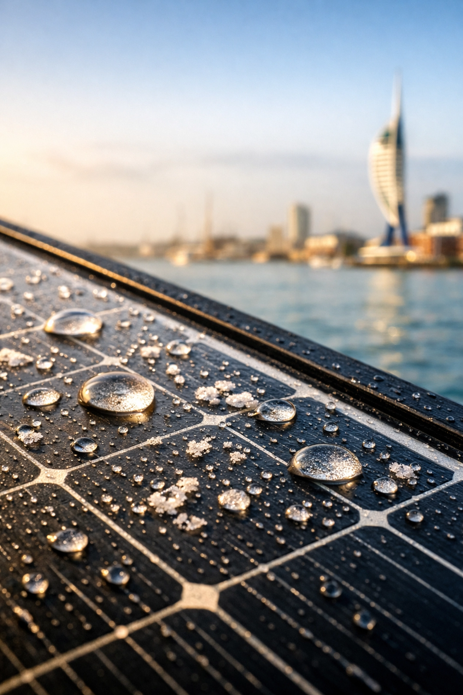 Close-up of solar panel surface showing coastal maintenance needs in Portsmouth seaside location