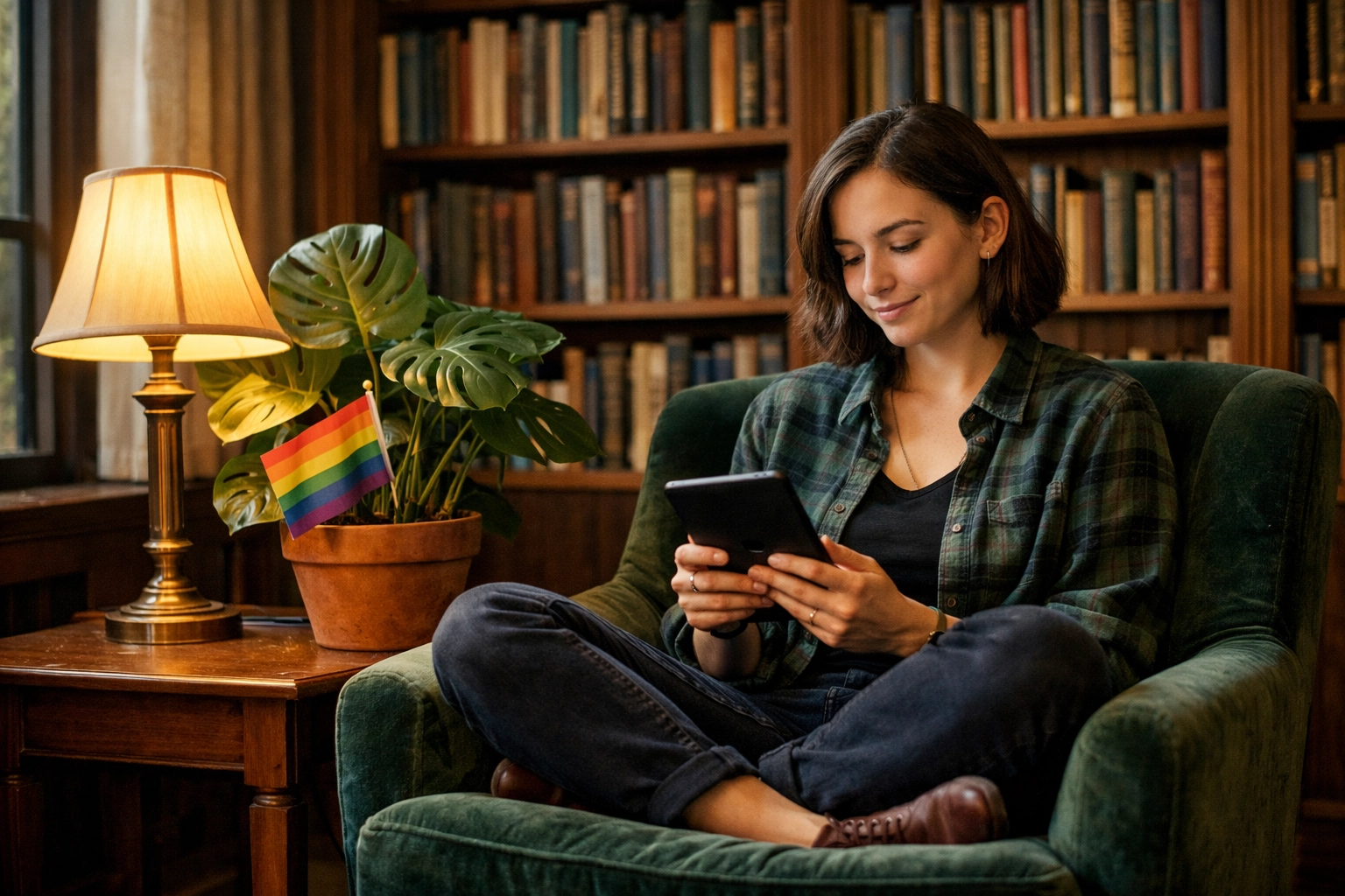 Lesbian student reading queer fiction in a campus library, showing the importance of LGBTQ+ literature and wellness.