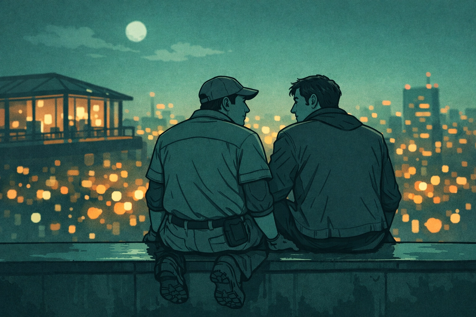 Two men sharing intimate moment on hotel rooftop at night in MM romance Cinderella retelling