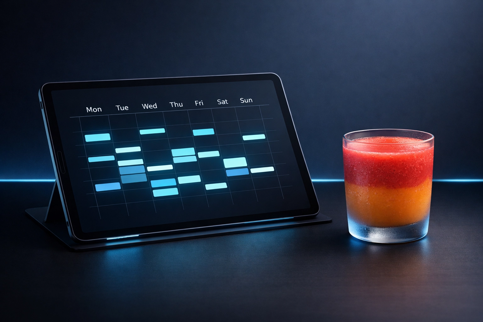 A digital tablet showing a 21-day smoothie schedule next to a healthy drink.