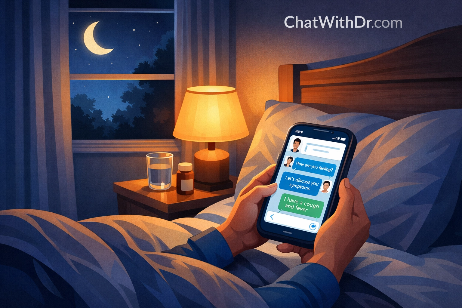 Patient using smartphone for private nighttime telehealth consultation from bed