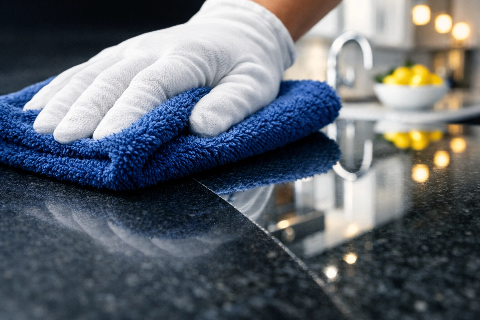 A professional hand buffing a granite countertop with a microfiber cloth for a streak-free finish.