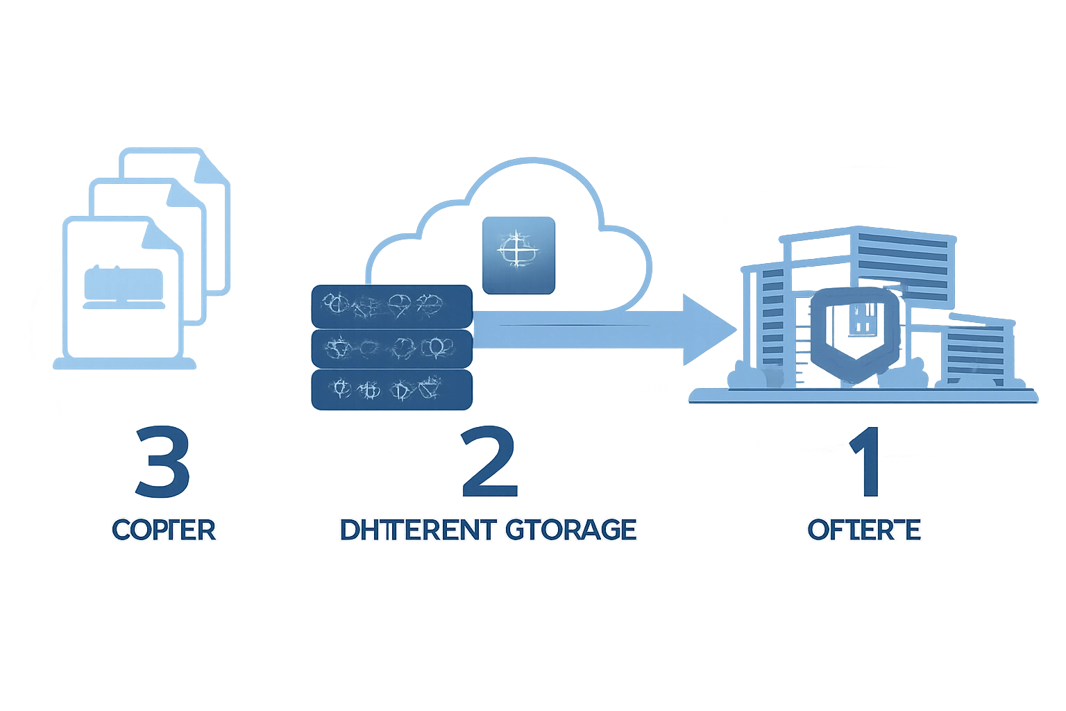 Visual guide to the 3-2-1 backup rule with files, devices, and secure offsite storage for data safety