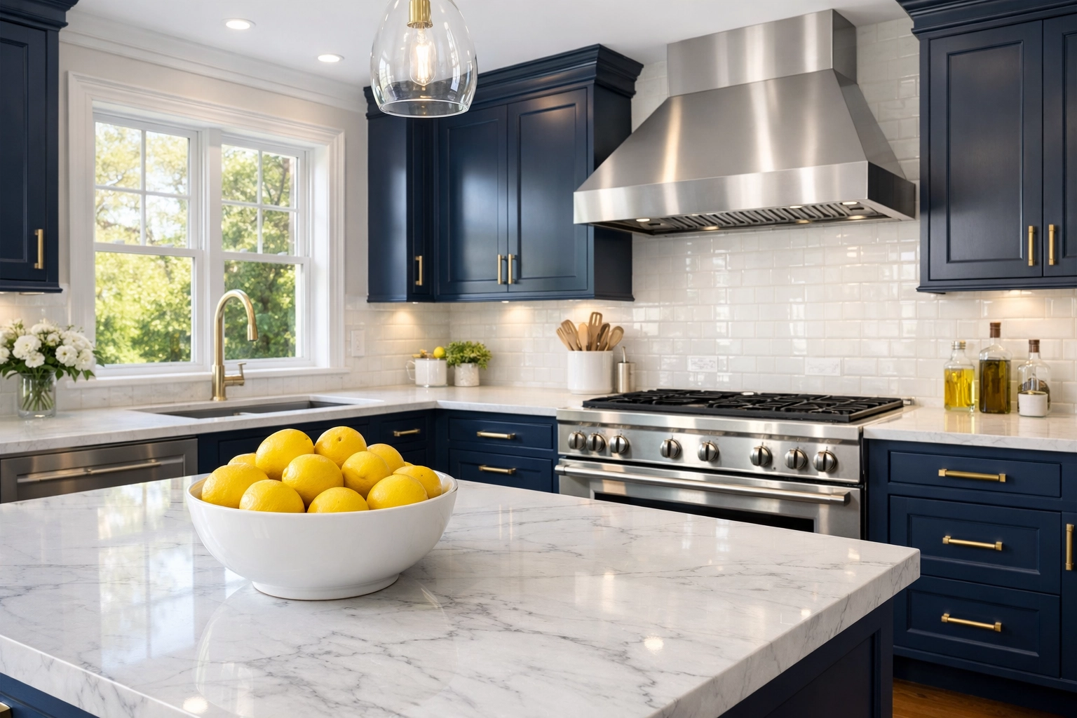 A deep cleaned Natick kitchen with navy blue cabinets and marble countertops showing residential cleaning results.