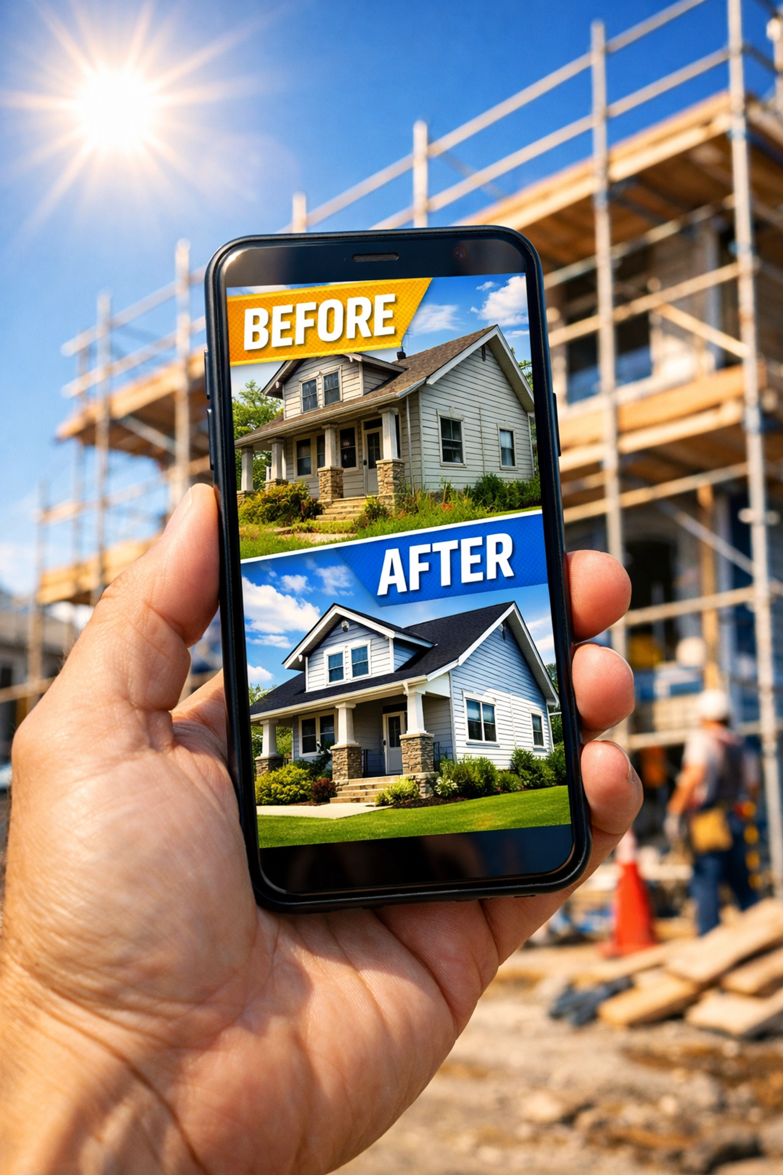 Mobile phone displaying social media management services results for a local contracting business.