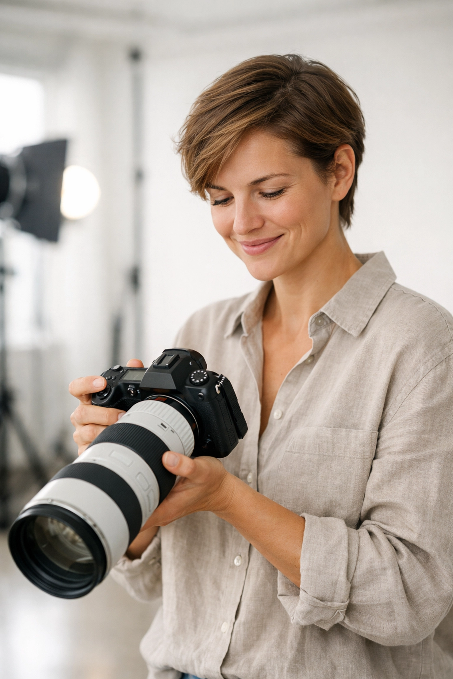 Professional photographer in a modern studio reviewing images for a high-end photography portfolio.