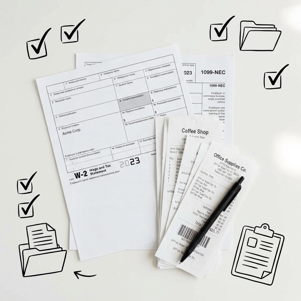 Flat-lay of organized W-2, 1099 tax forms and receipts for gathering tax filing documents