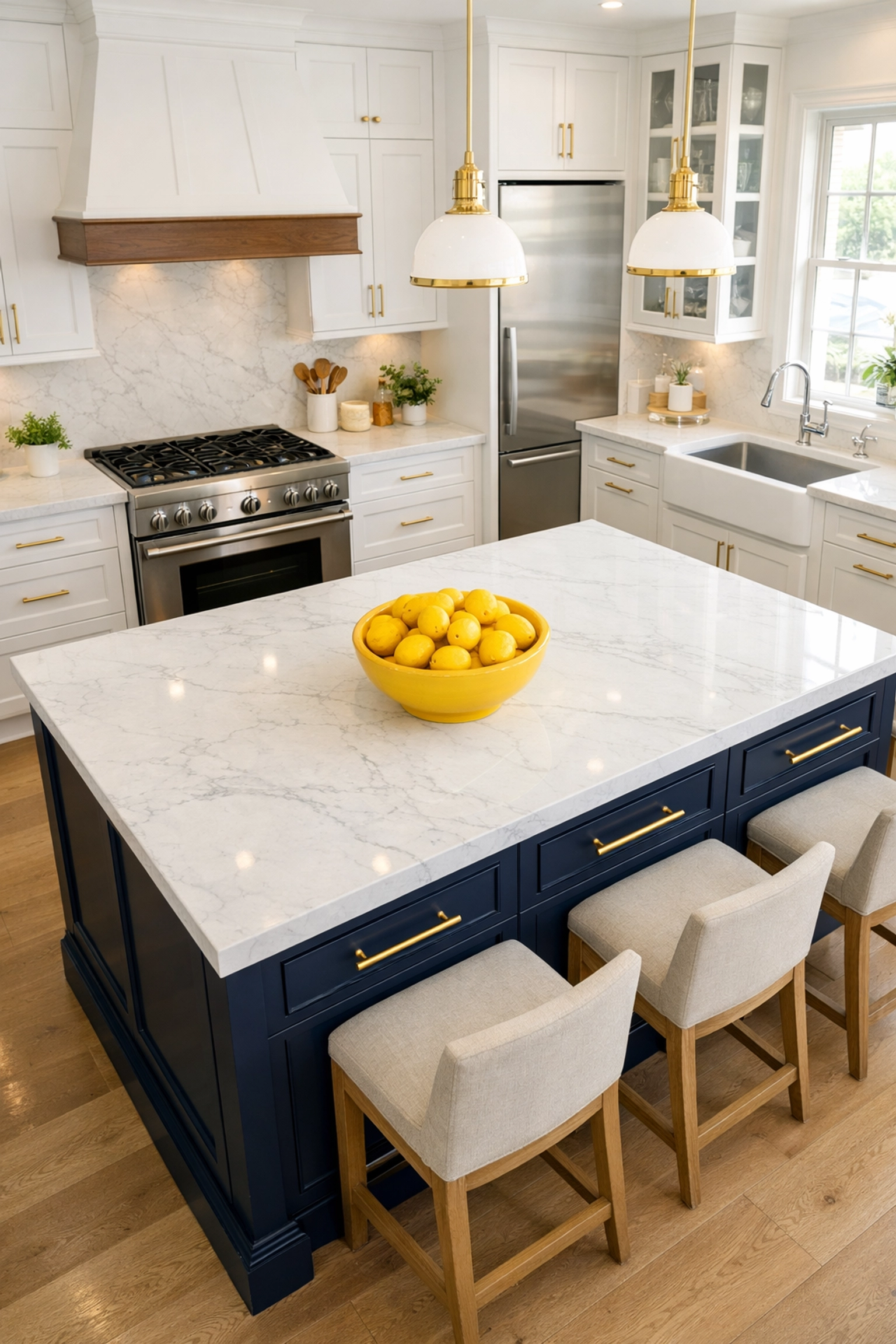 A luxury kitchen with white marble counters kept spotless by professional maid services Lowell for busy residents.