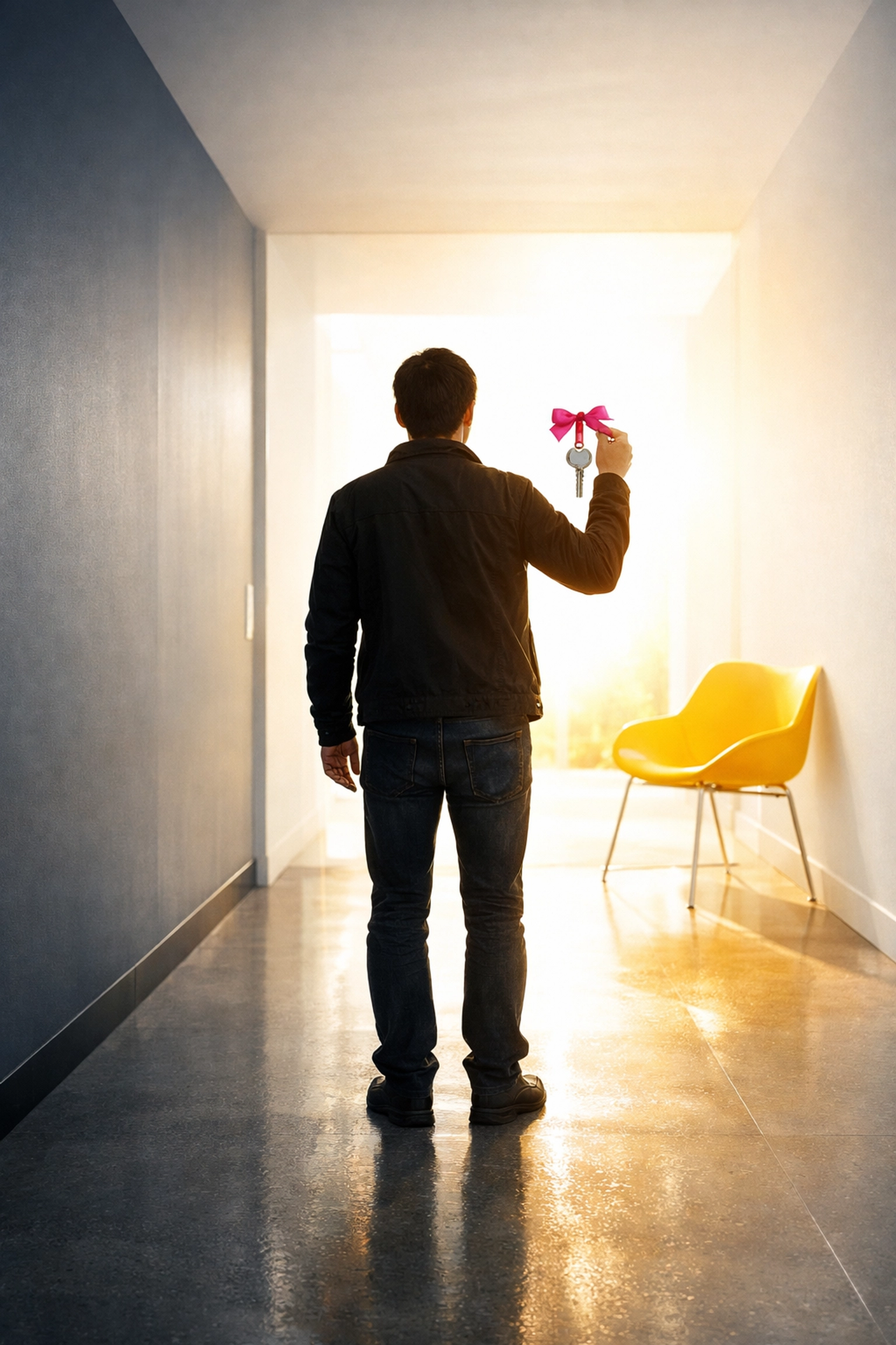 A person holding a house key in a bright hallway, symbolizing a fresh start with an Alberta mortgage after bankruptcy.