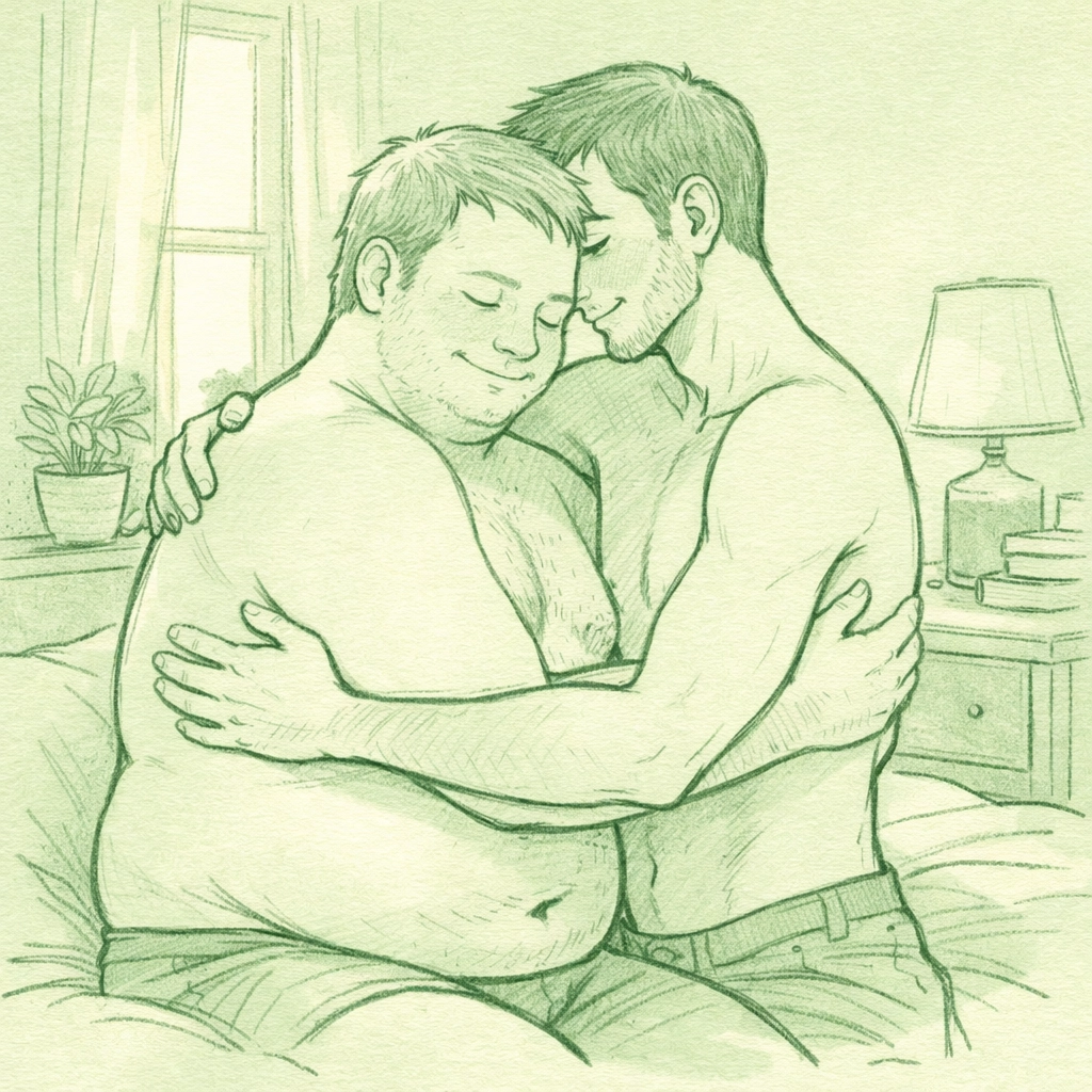 Body-positive MM romance illustration showing two men of different builds embracing intimately