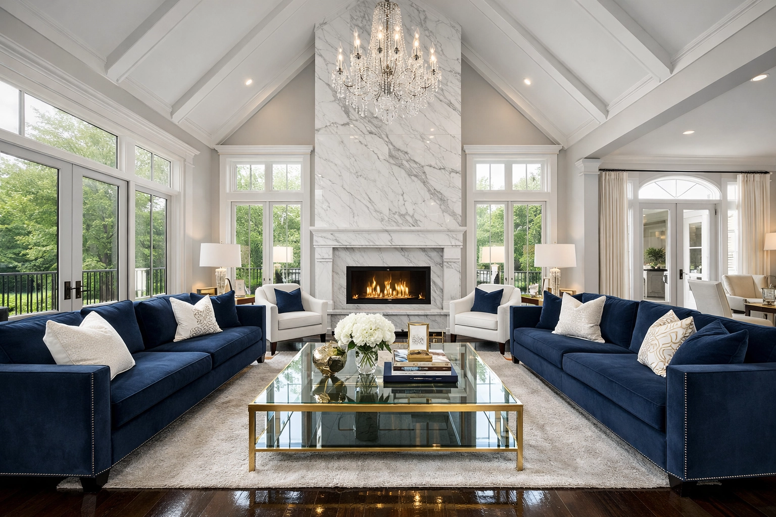 Pristine luxury living room in a Franklin estate featuring polished hardwood floors and high-end residential cleaning.