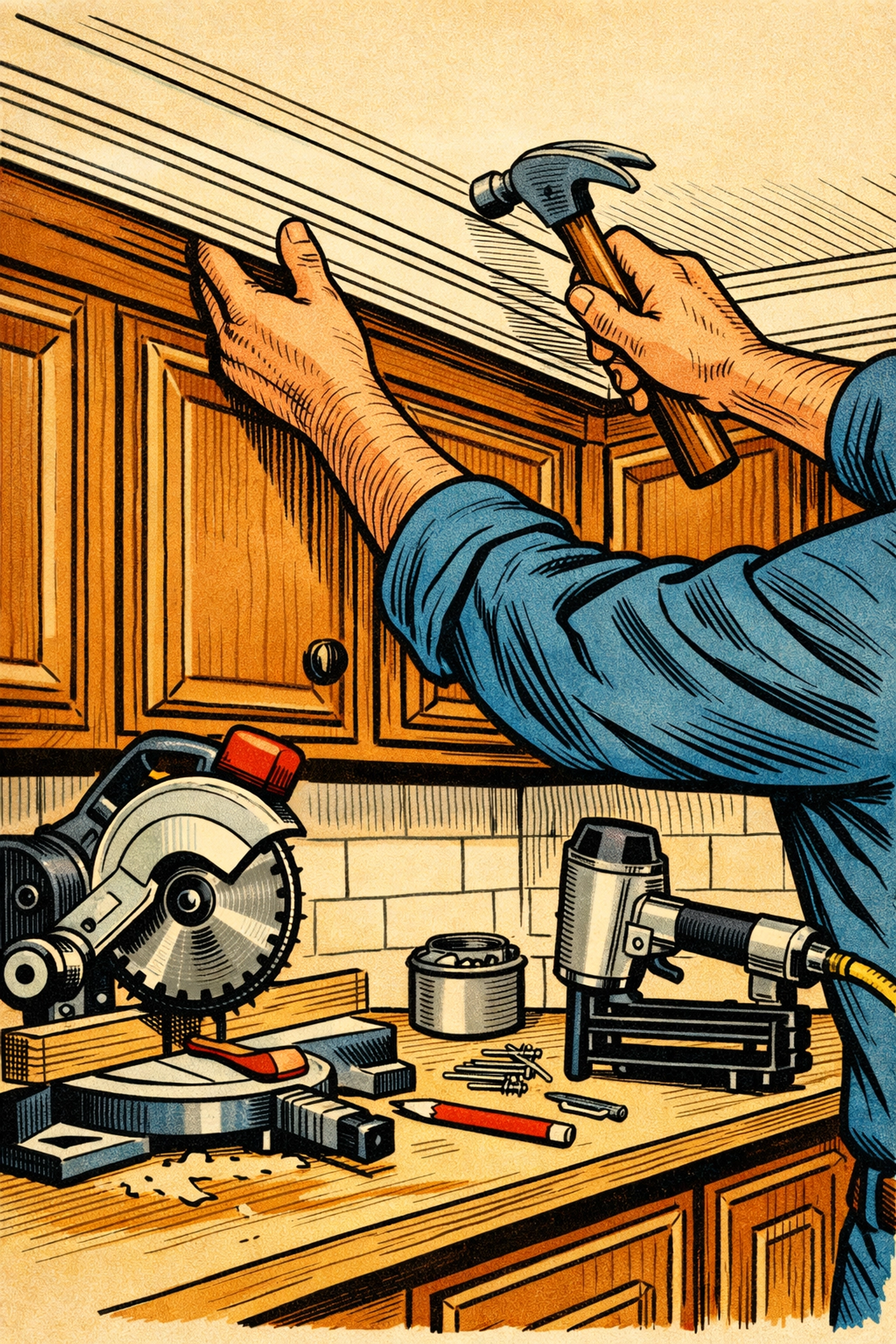 Carpenter installing crown molding on kitchen cabinets with professional tools