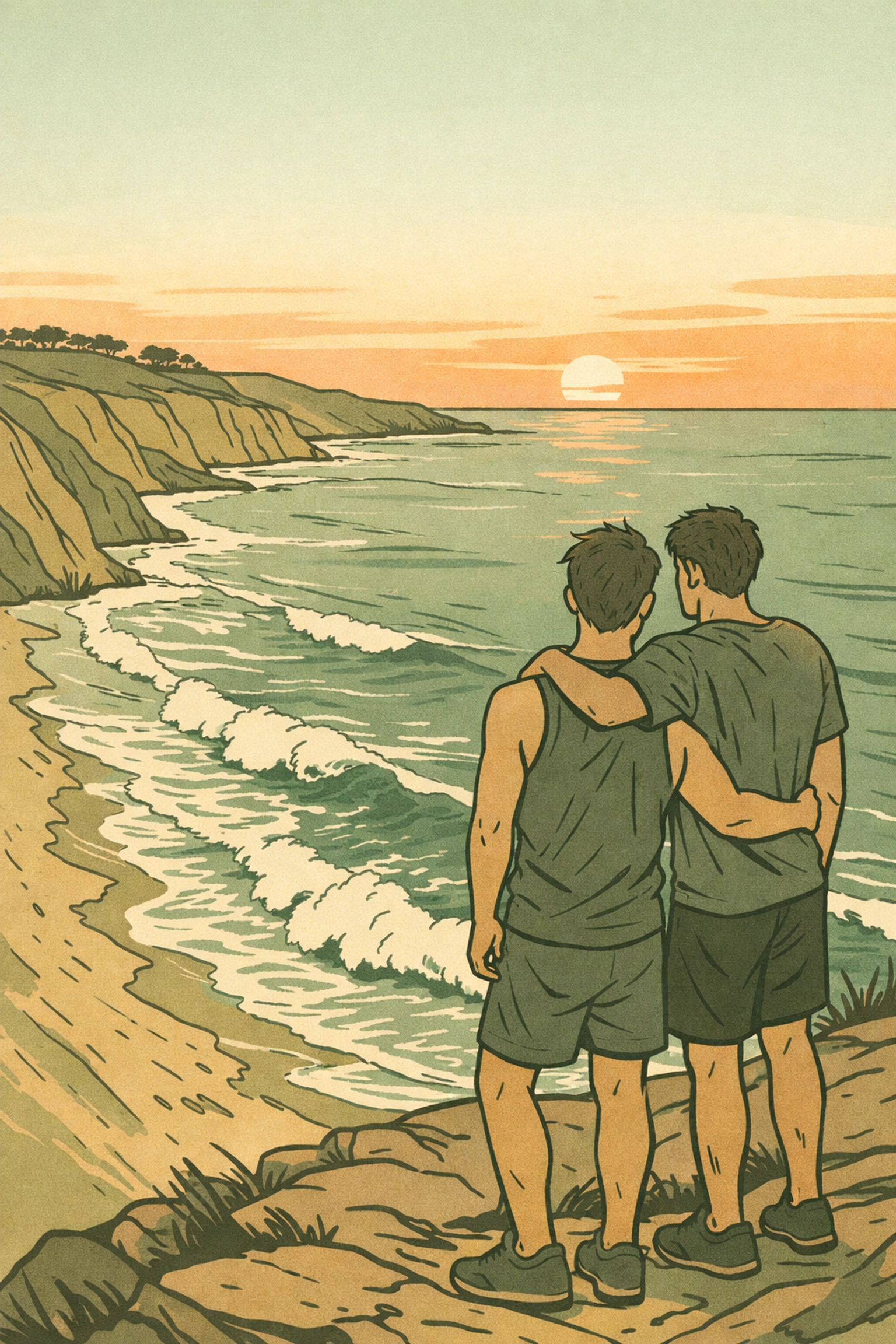 Gay couple enjoying sunset view from Torrey Pines cliffs above Black's Beach San Diego