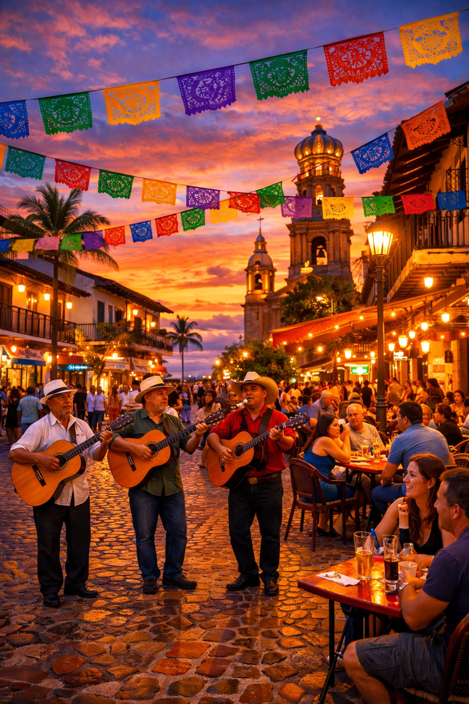 Puerto Vallarta Old Town street scene at sunset with musicians and outdoor cafés