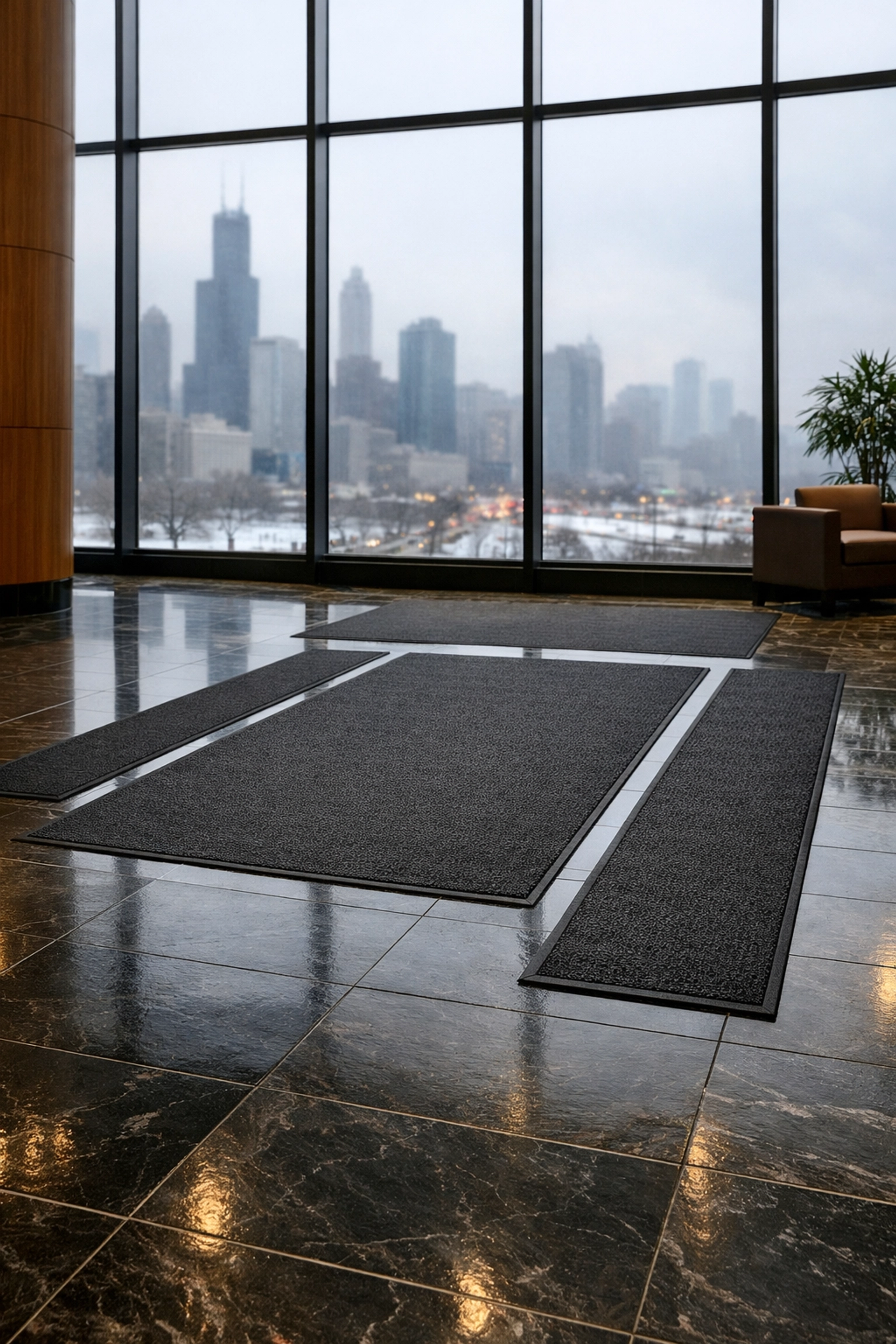 Clean Chicago office lobby with protective walk-off mats for Midwest seasonal floor maintenance.