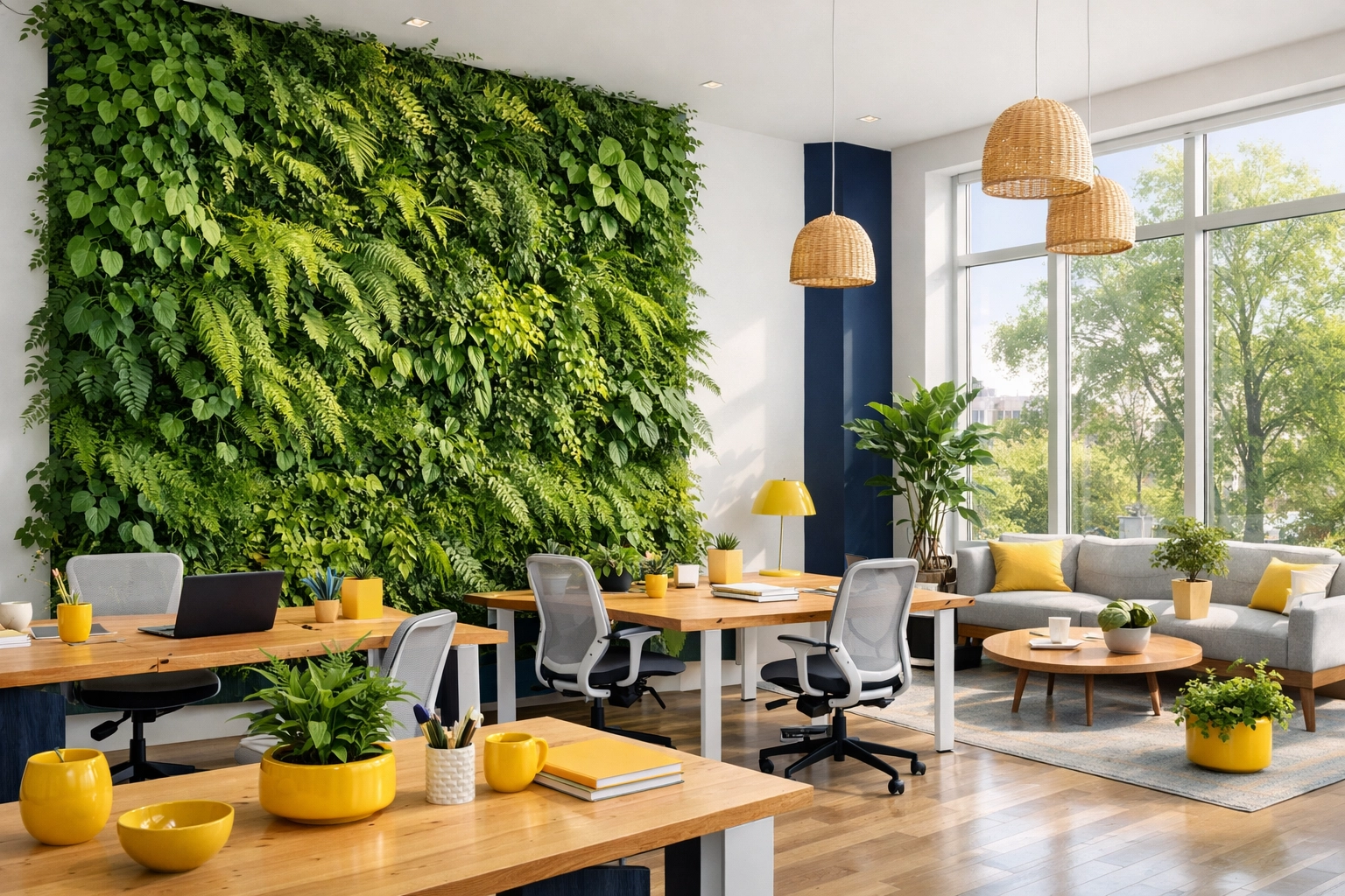 Sustainable green cleaning services for a healthy, biophilic office workspace in Cambridge, Massachusetts.