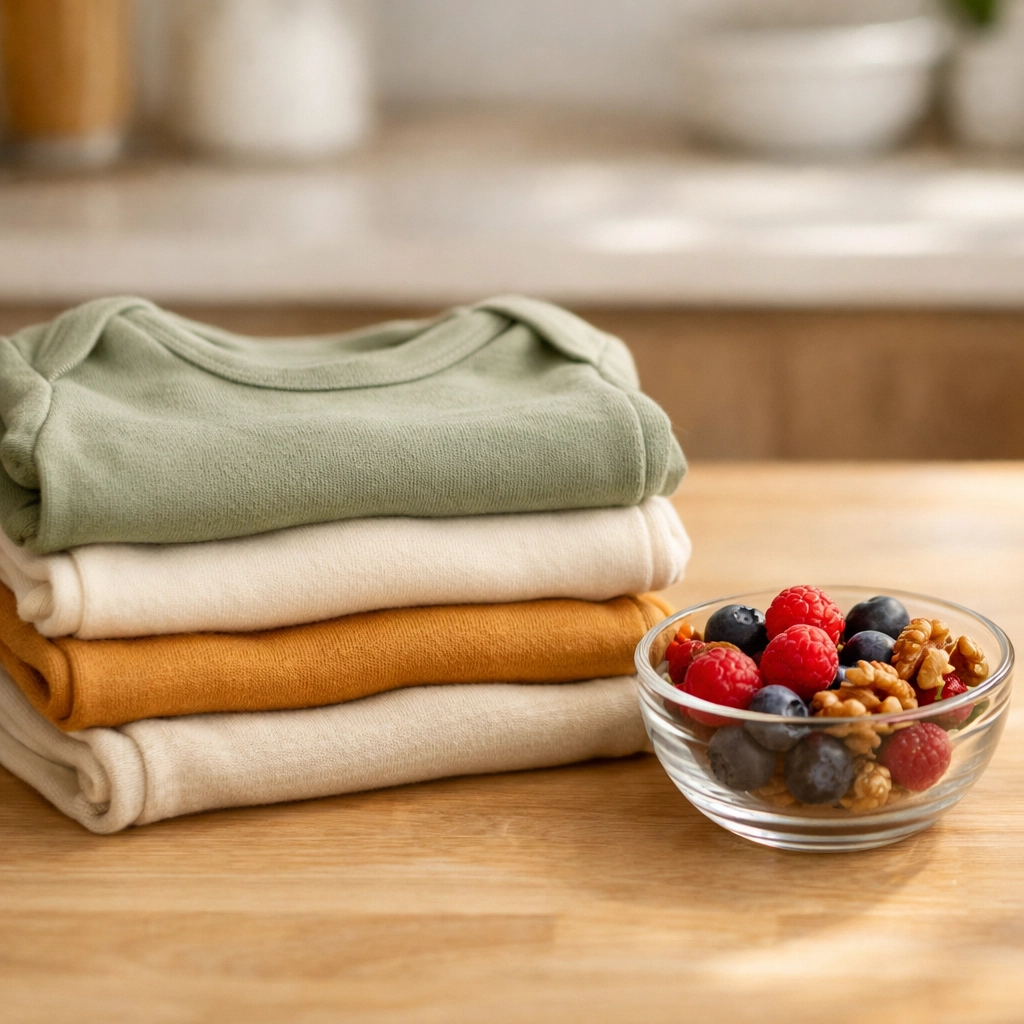Folded baby clothes and a nutritious snack, showing practical postpartum recovery support in Toronto.