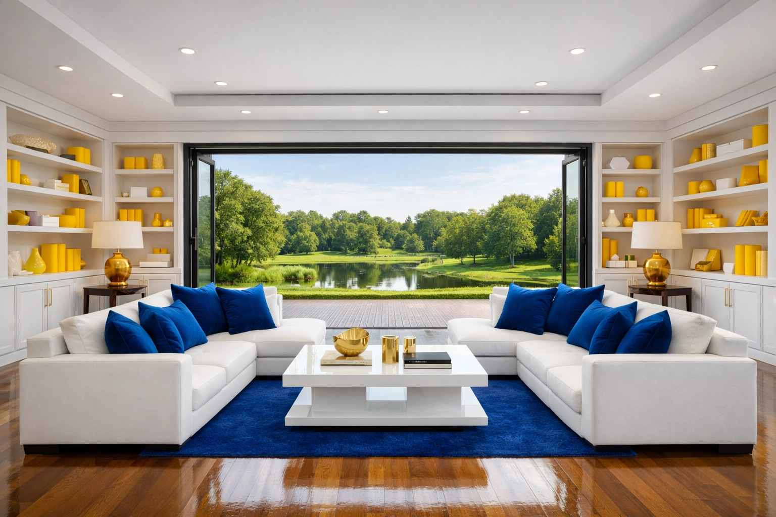 Spotless living room with polished hardwood floors showcasing professional luxury cleaning in Needham.